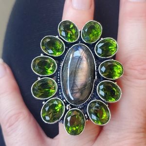 New Huge Labradorite & Peridot 925 Silver Statement Ring.